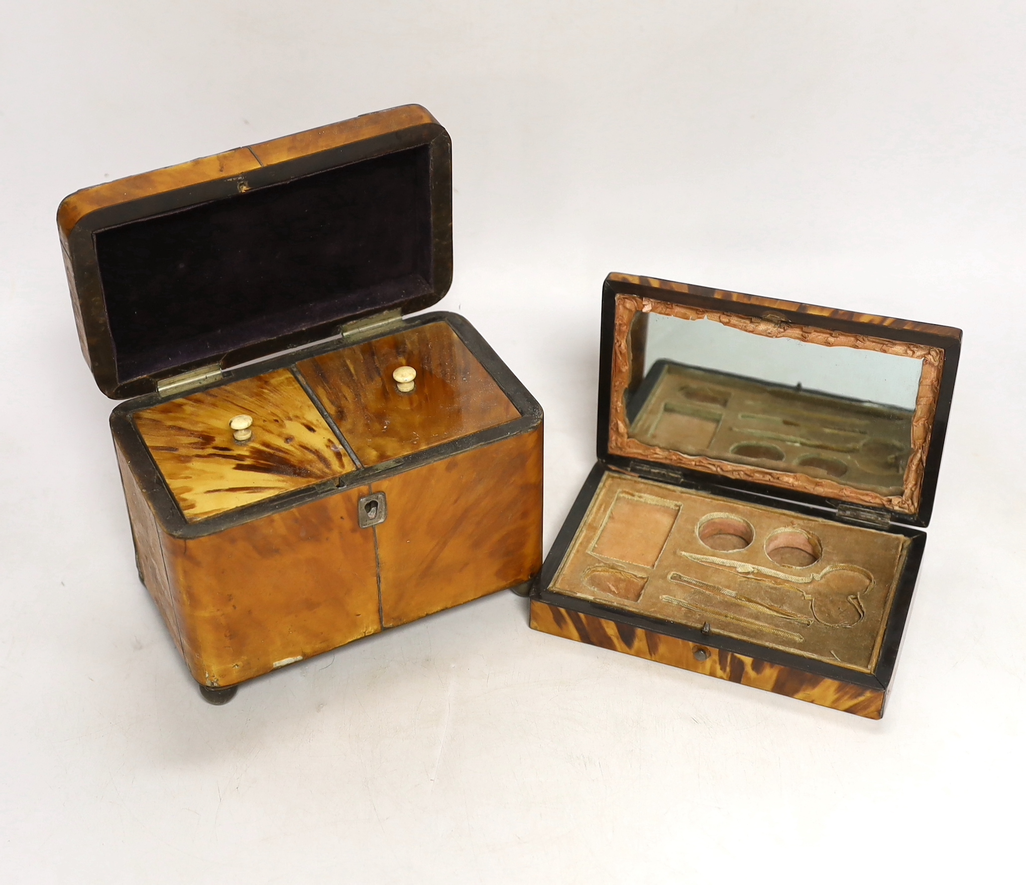 A 19th century two section tortoiseshell tea caddy on ball feet, a tortoiseshell necessaire case and a tortoiseshell and mother of pearl inlaid card case. tea caddy 15cm wide x 11cm high x 9cm deep CITES Submission refer